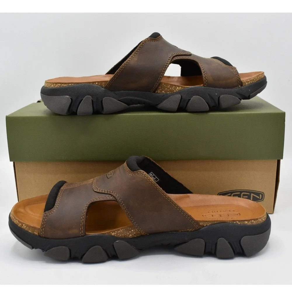 Keen Mens Size 11.5 Daytona II Bison Brown Black Leather Slides Sandals Shoes